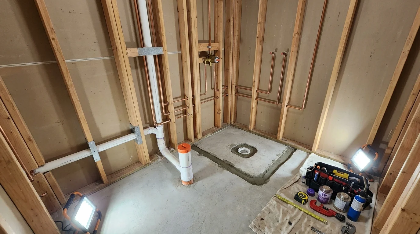 Bathroom rough-in plumbing during remodel by Johns Plumbing LLC in Trevorton