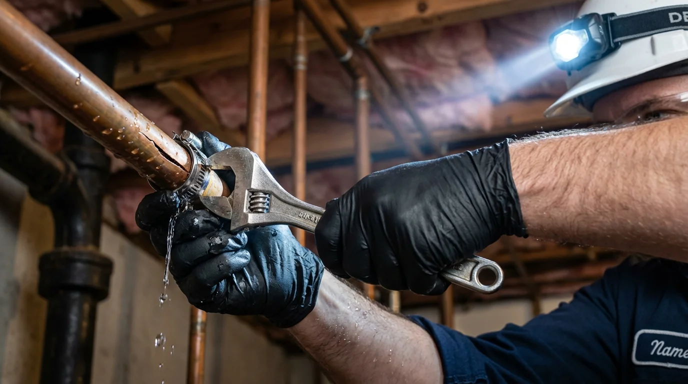 Emergency pipe clamp repair being performed by a Johns Plumbing LLC plumber in Trevorton