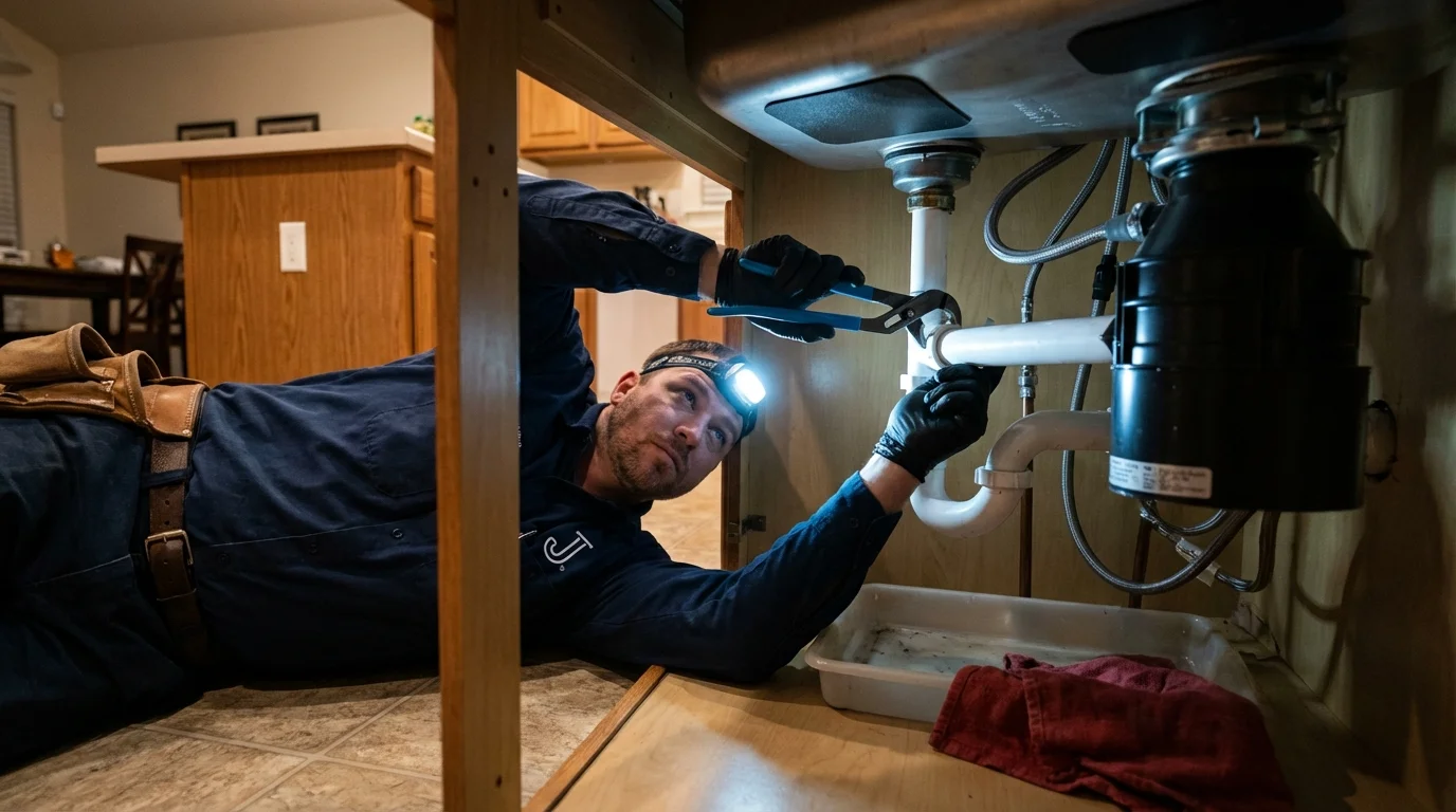 P-trap and supply line connections under a kitchen sink showing a common leak point in Trevorton, PA